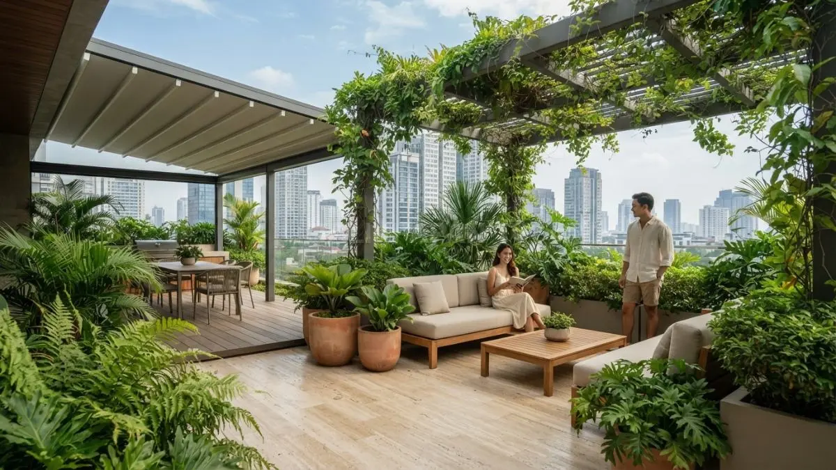 Rooftop aesthetic memadukan vegetasi, kanopi, dan desain fungsional untuk menciptakan hunian modern yang nyaman sejuk (BTV/AI)
