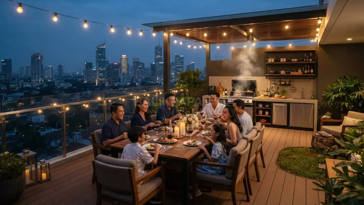 Rooftop aesthetic menghadirkan area BBQ, ruang berkumpul keluarga, pencahayaan hangat, dan desain fungsional modern nyaman (BTV/AI)
