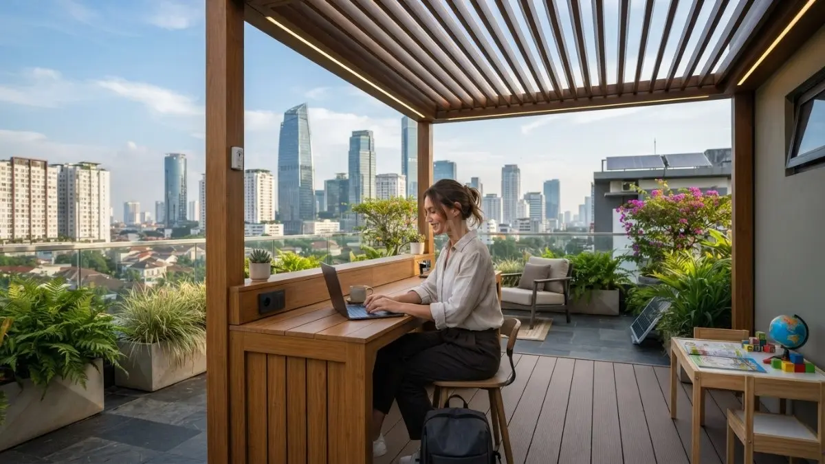 Rooftop aesthetic menghadirkan ruang kerja terbuka nyaman, fungsional, dan modern untuk aktivitas harian produktif di rumah (BTV/AI)
