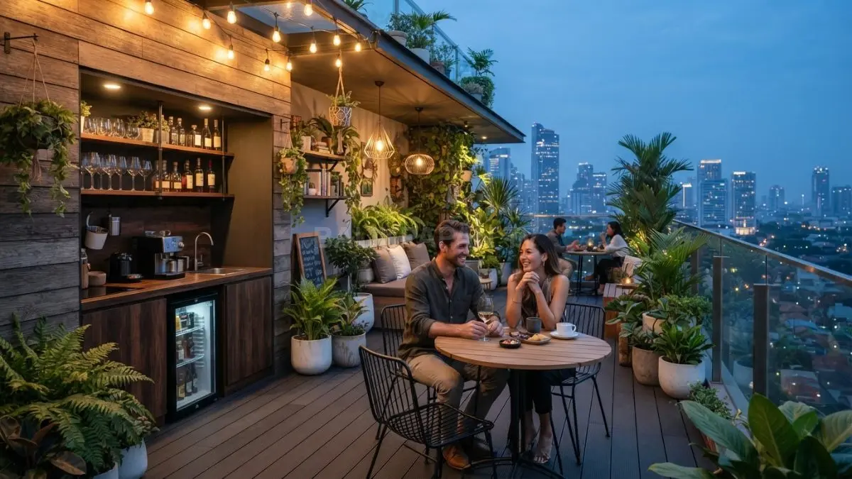Rooftop bergaya kafe menghadirkan suasana santai, estetik, fungsional, dengan lampu hangat dan tanaman hijau alami (BTV/AI)

