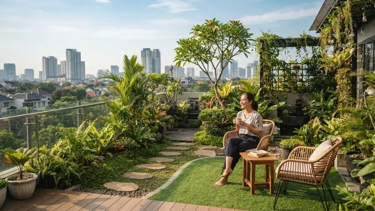 Rooftop garden tropis menghadirkan tanaman hijau, area santai, dan suasana sejuk untuk hunian modern nyaman (BTV/AI)
