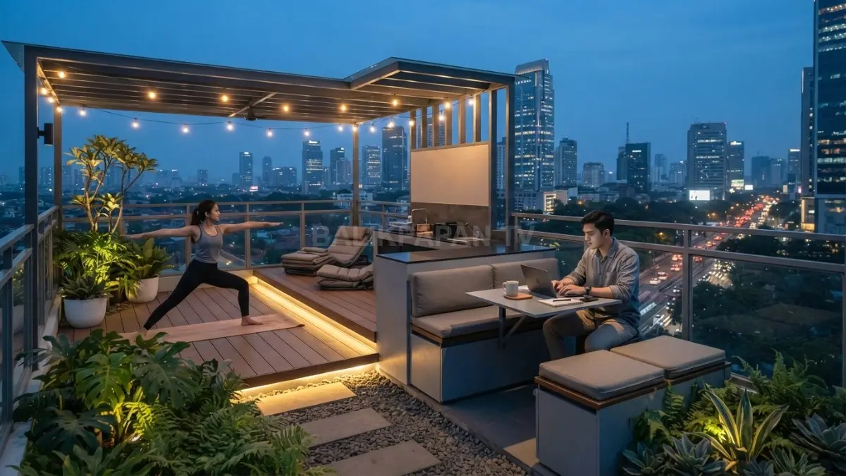 Rooftop serbaguna menghadirkan desain fleksibel, furnitur lipat, dan ruang multifungsi untuk hunian modern nyaman (BTV/AI)
