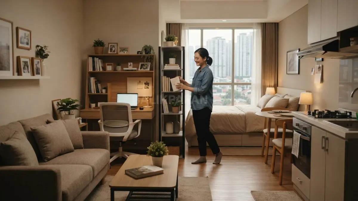 Rumah satu ruangan ditata menjadi empat area fungsional dengan furnitur proporsional dan pencahayaan nyaman efisien (BTV/AI)
