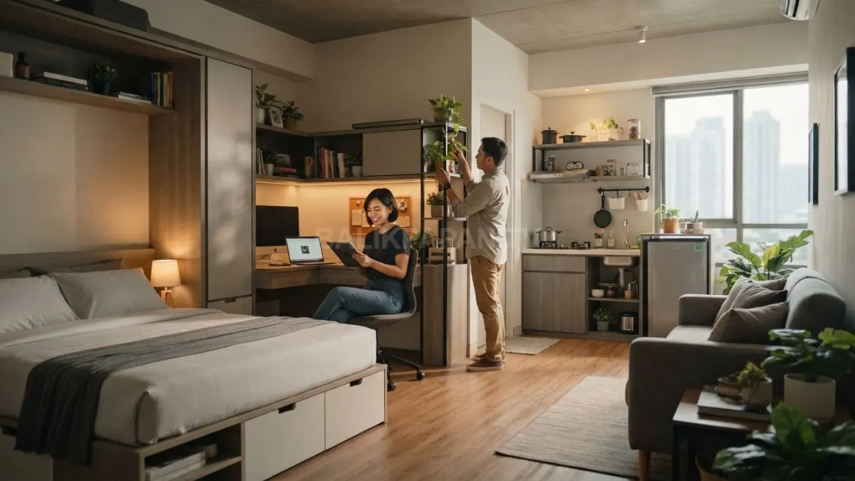Rumah satu ruangan ditata menjadi empat area fungsional menggunakan furnitur multifungsi agar tetap nyaman (BTV/AI)
