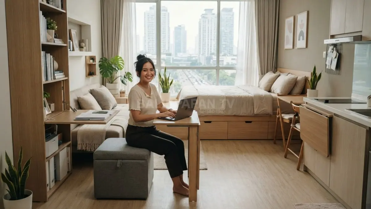 Rumah satu ruangan memanfaatkan furnitur multifungsi dan penyimpanan tersembunyi untuk menciptakan empat area fungsional nyaman (BTV/AI)
