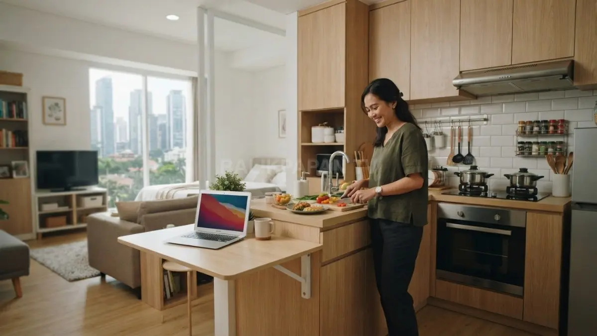 Rumah satu ruangan tertata efisien dengan pantry minimalis, meja lipat, dan area multifungsi nyaman sehari-hari (BTV/AI)
