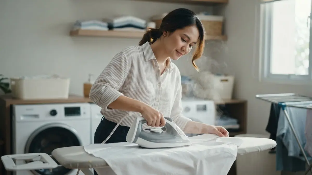 Seseorang menyetrika kemeja putih yang telah bersih dengan suhu sesuai jenis kain untuk menjaga kualitas serat. (BTV/AI)