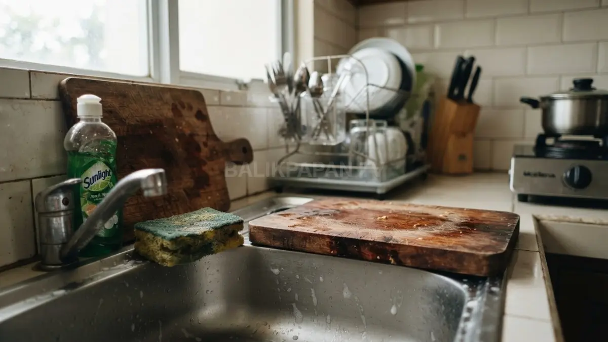 Spons cuci piring dan talenan di dapur yang menjadi ilustrasi benda rumah tangga dengan frekuensi penggunaan tinggi. (BTV/AI)