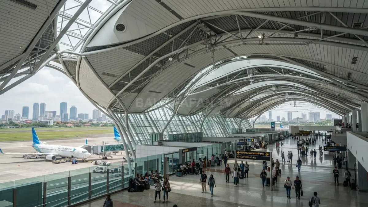 Struktur atap bandara bentang lebar memperlihatkan perpaduan desain arsitektur, ventilasi, dan teknologi konstruksi modern. (BTV/AI)