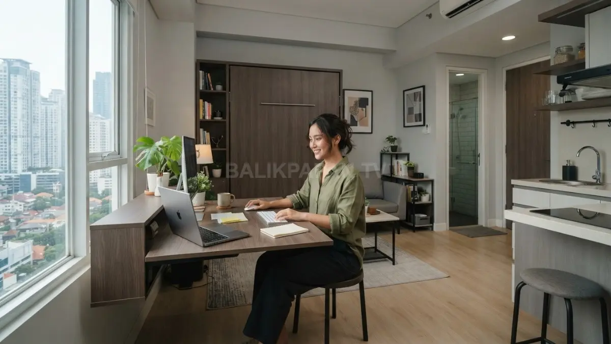 Tempat tidur lipat dengan meja kerja menciptakan empat area fungsional dalam rumah satu ruangan efisien (BTV/AI)
