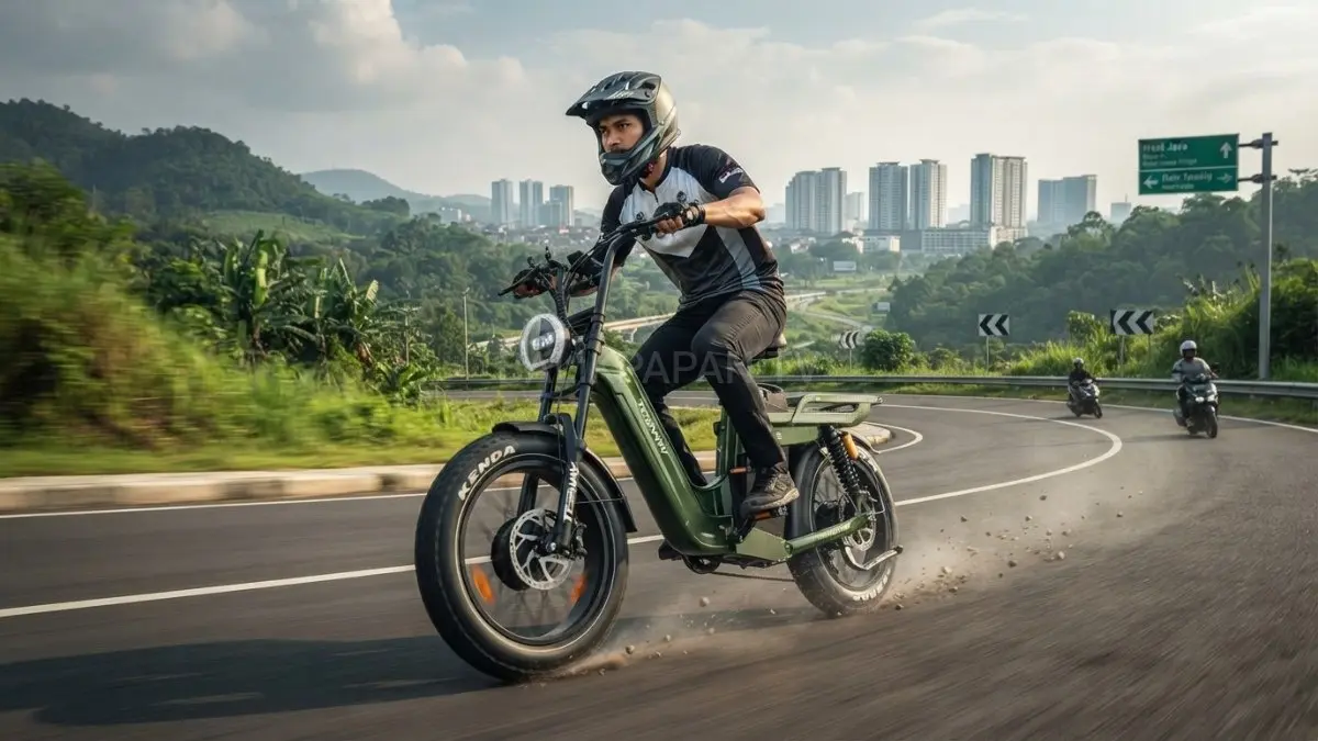 Tesway X5 AWD berwarna hijau saat menjalani pengujian di jalan terbuka dengan dual motor aktif.(BTV/AI) 