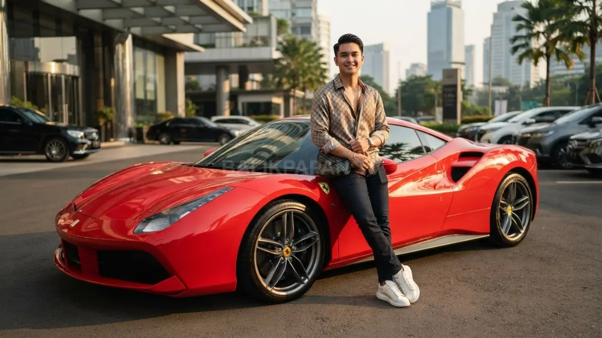 Anak muda dengan latar simbol kemewahan sebagai representasi fenomena flexing.