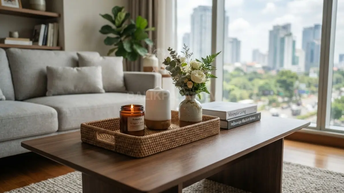 Coffee table minimalis dengan decorative tray berisi lilin aromaterapi, diffuser, vas bunga kecil, dan buku dekorasi yang tertata rapi. (BTV/AI)