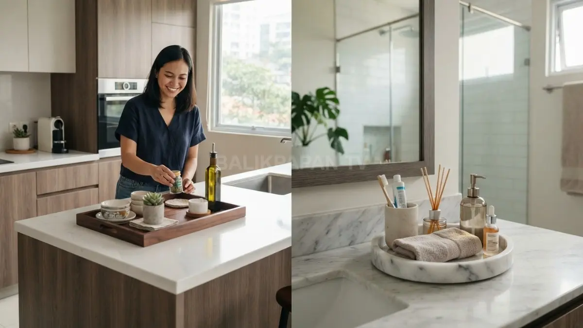 Decorative tray ditempatkan di kitchen island dan kamar mandi sebagai solusi menyimpan aksesori agar meja tetap bersih dan estetik. (BTV/AI)