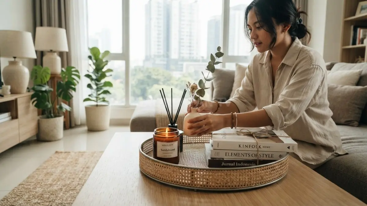Proses menyusun lilin, reed diffuser, vas mungil, dan buku di atas decorative tray untuk menciptakan komposisi dekorasi yang seimbang. (BTV/AI)