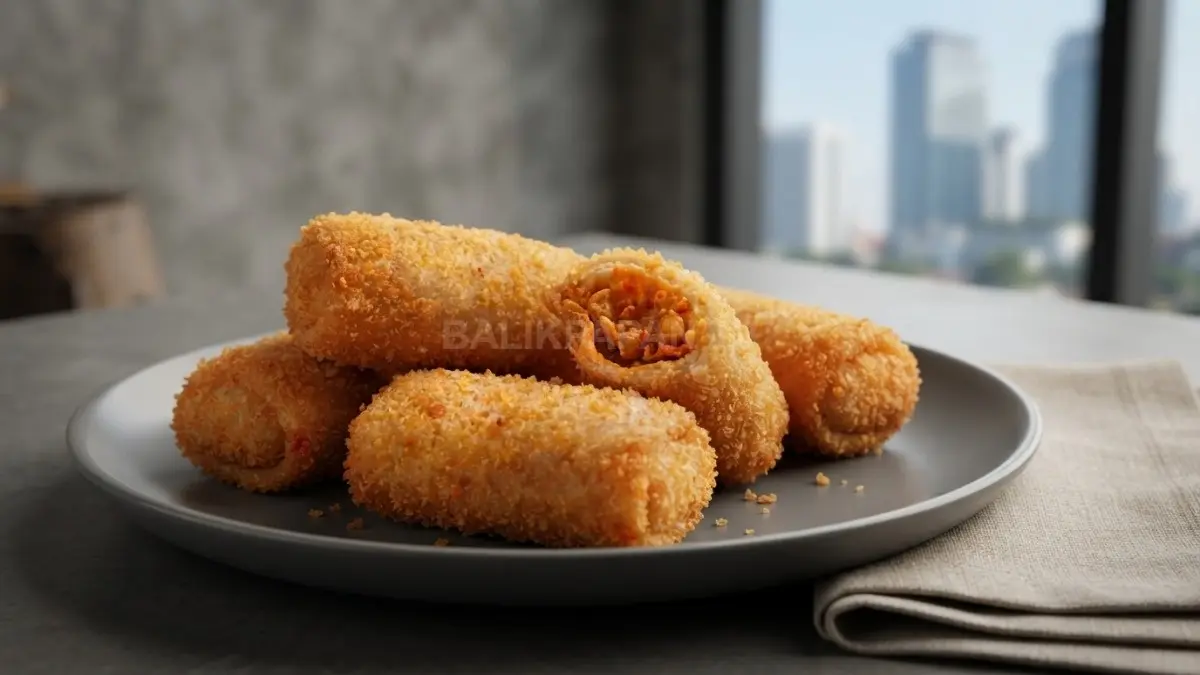 Risol isi ayam suwir pedas menggugah selera berkulit renyah berpadu saus cabai hangat lezat sempurna (BTV/AI)