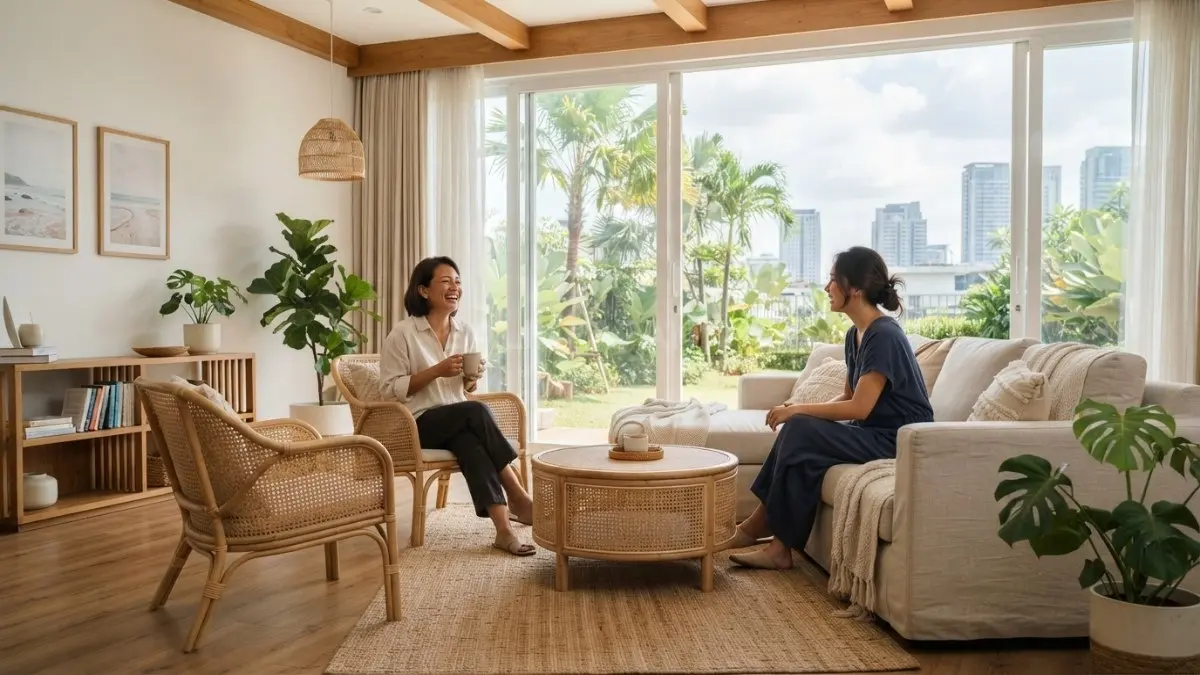 Ruang tamu bergaya coastal modern dengan dominasi warna putih, kayu natural, rotan, dan cahaya alami yang menghadirkan suasana hangat. (BTV/AI)