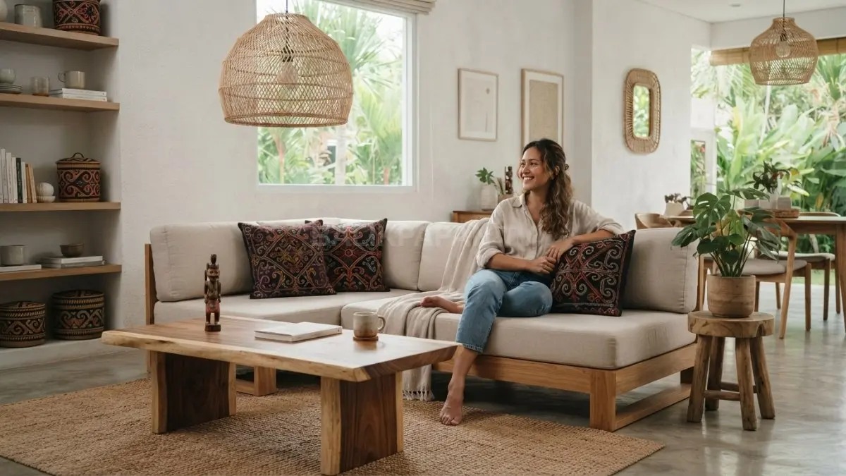 Ruang tamu bergaya Japandi dengan cushion bermotif Dayak, lampu anyaman rotan, dan aksesori kayu ulin yang menghadirkan karakter khas Kalimantan. (BTV/AI)