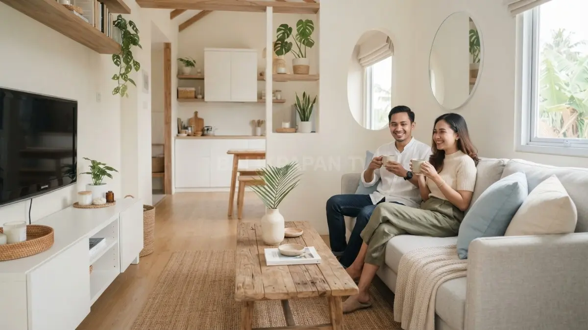 Rumah tipe 36 dengan ruang keluarga minimalis menggunakan palet putih, krem, dan aksen biru lembut bergaya coastal modern. (BTV/AI)