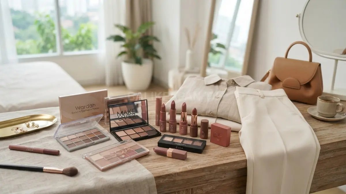 Berbagai palet eyeshadow, lipstik, dan outfit berwarna netral sebagai inspirasi memilih kombinasi makeup. (BTV/AI)