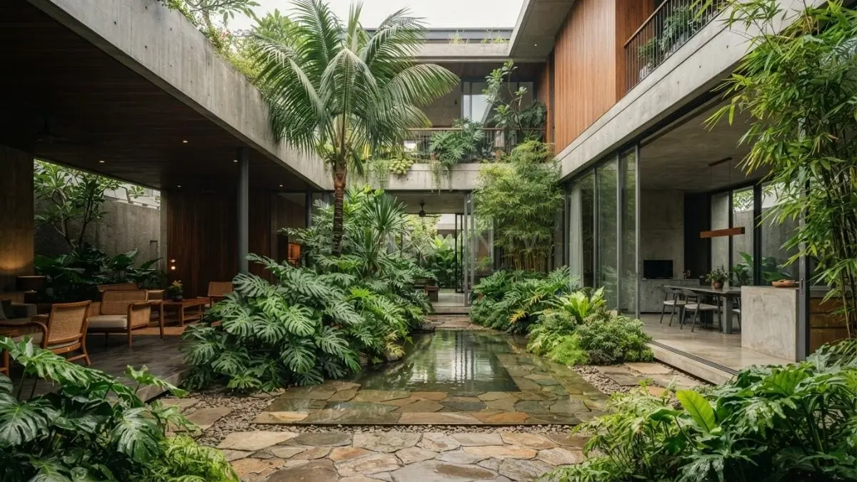 Courtyard hijau memadukan pepohonan, kolam, material alami, menciptakan hunian sehat, nyaman, harmonis sepanjang masa depan [BTV:AI]