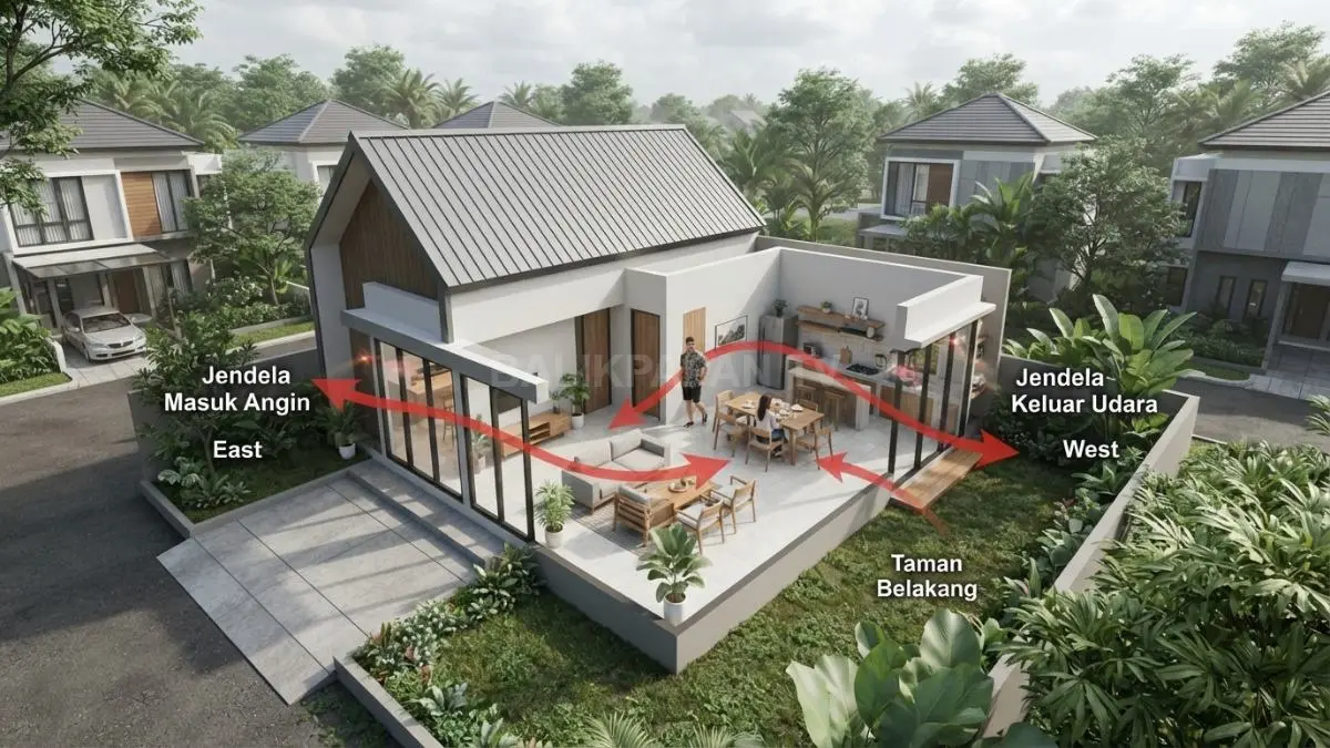 Denah sederhana yang menunjukkan jalur ventilasi silang melalui jendela pada dua sisi rumah untuk memperlancar sirkulasi udara. (BTV/AI)