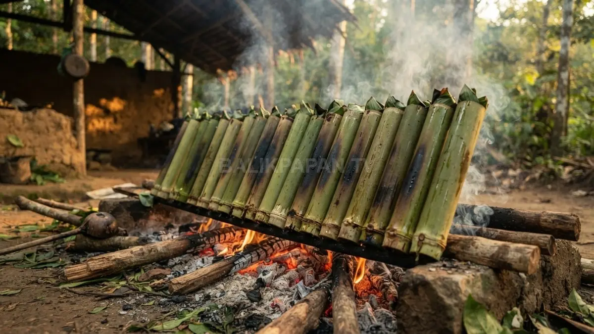 Deretan tabung bambu berisi ayam masak bambu yang sedang dibakar miring di atas bara api kayu. (BTV/Ai)