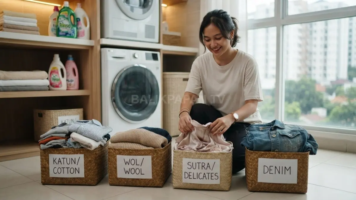 eseorang memisahkan pakaian katun, wol, sutra, dan denim sebelum mencuci sebagai langkah awal merawat jenis kain agar tetap awet. (BTV/AI)
