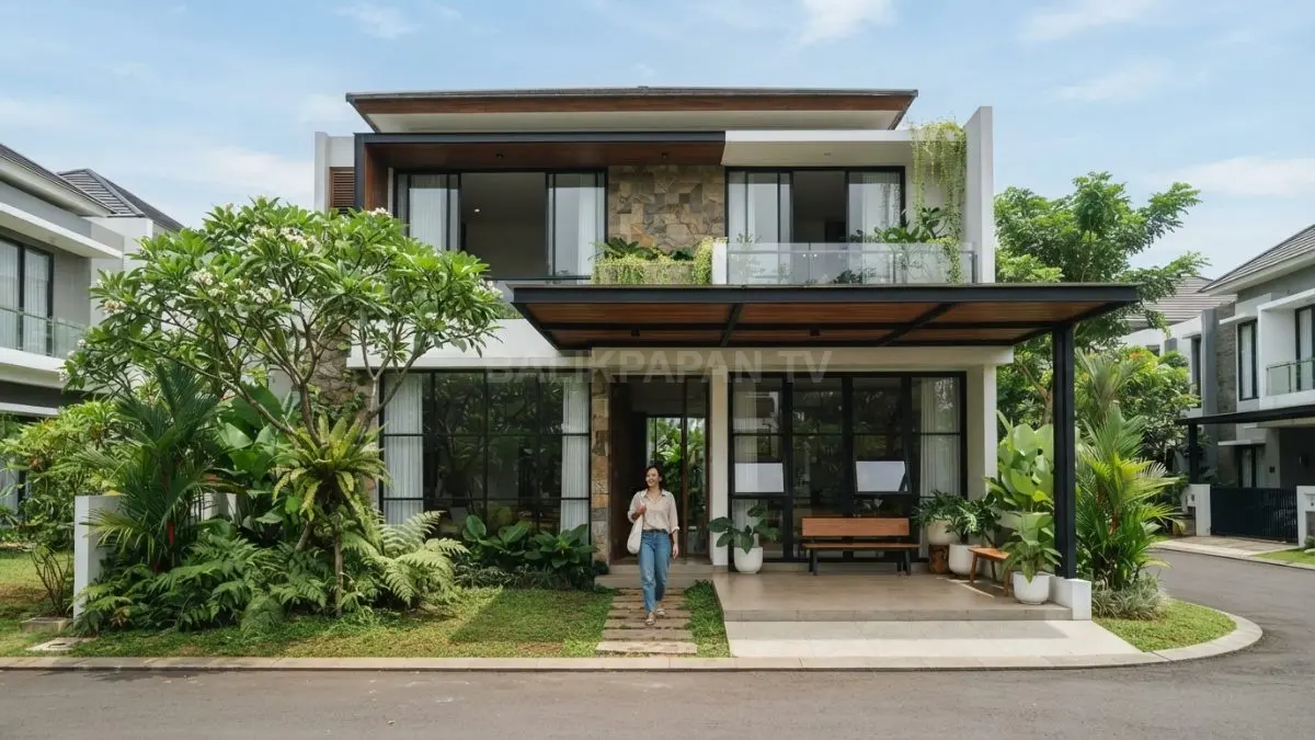 Fasad rumah minimalis dengan pepohonan peneduh, kanopi, dan jendela lebar yang mendukung pemanfaatan angin alami di iklim tropis. (BTV/AI)