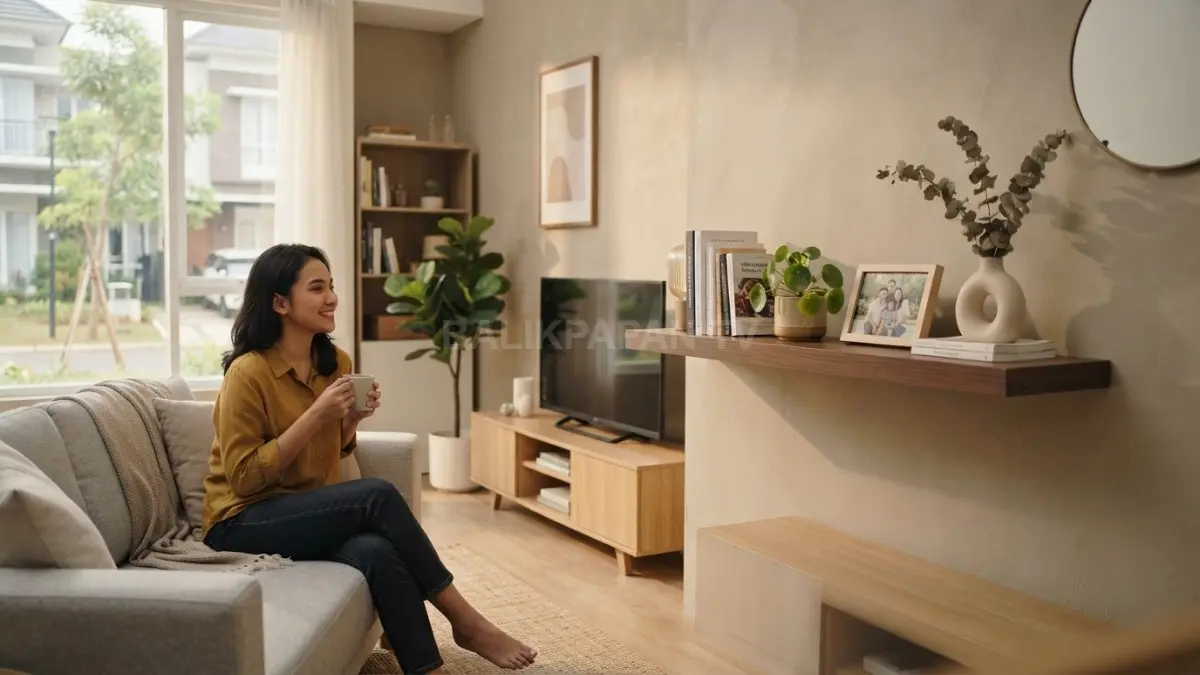 Floating shelf menyatu dengan dinding dan dekorasi sederhana yang membuat ruang keluarga terlihat lebih rapi. (BTV/AI)