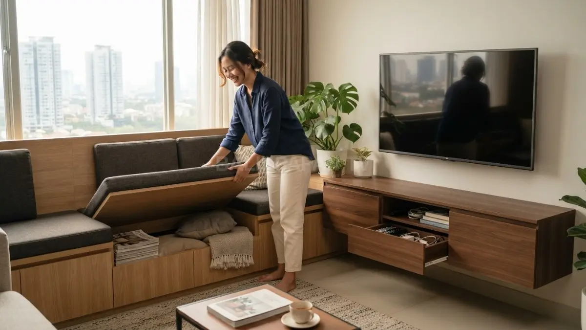 Hidden storage pada bangku dan kabinet televisi memberikan tampilan bersih sekaligus fungsional. (BTV/AI)