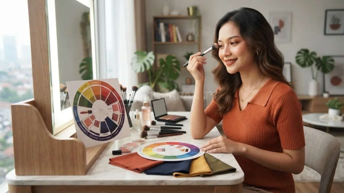 Ilustrasi color wheel yang membantu menentukan perpaduan warna makeup dengan outfit agar terlihat serasi. (BTV/AI)