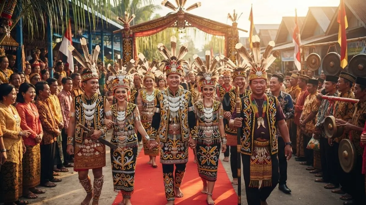 Ilustrasi Prosesi nikah adat massal menjaga tradisi sekaligus meringankan beban keluarga melalui kebersamaan warga Mamahak Besar (BTV/AI)