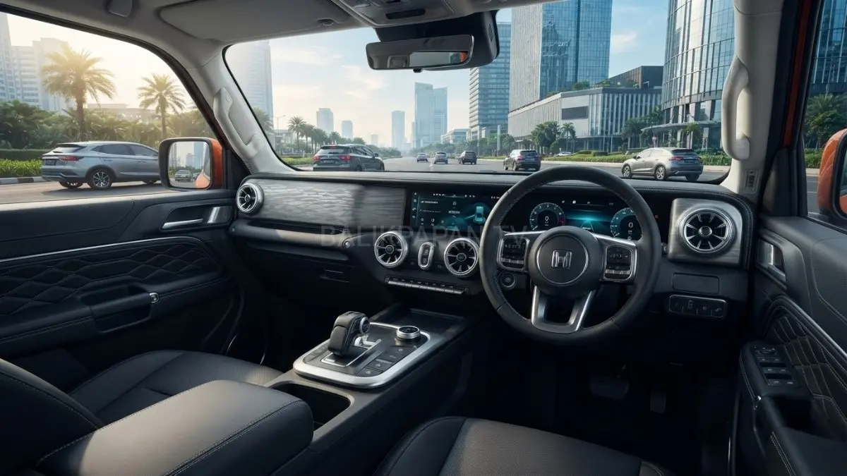 Interior GWM Tank 300 PHEV dengan layar infotainment dan posisi duduk tinggi.(BTV/AI) 