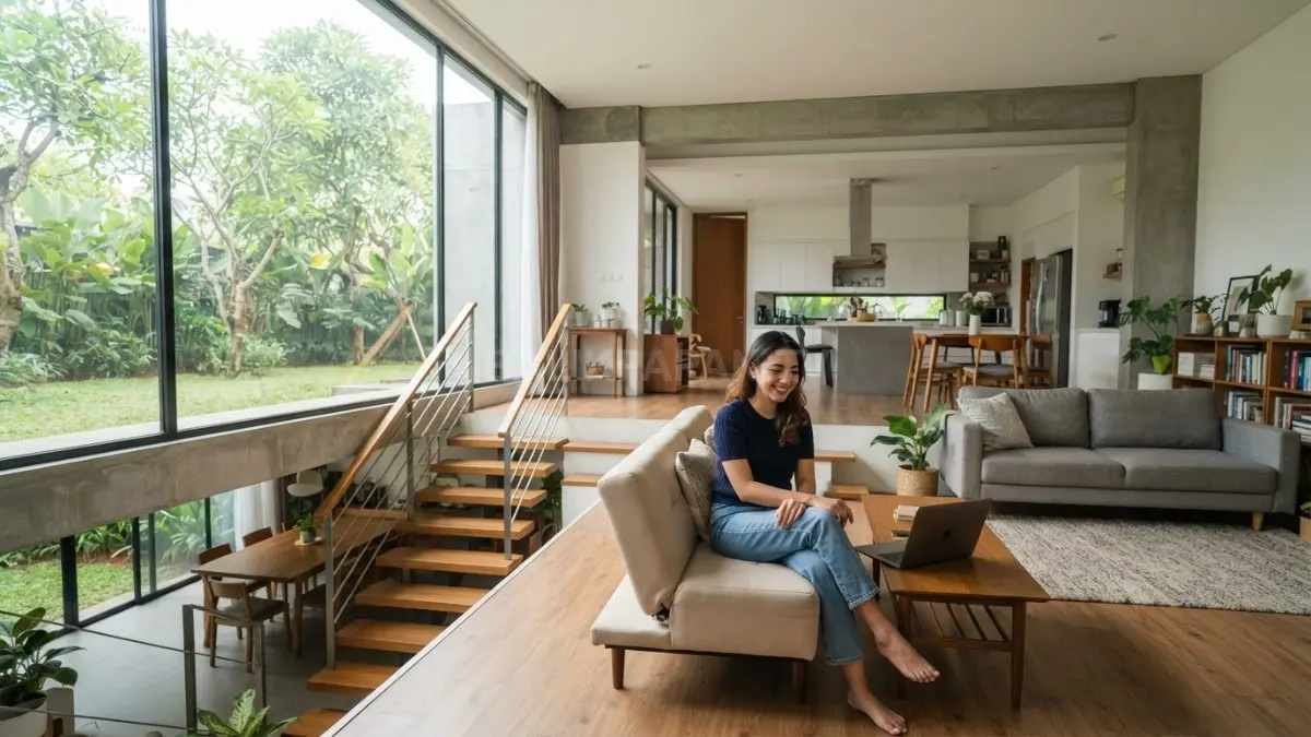 Interior rumah split-level dengan pencahayaan alami dari jendela tinggi dan tata ruang terbuka yang terasa lapang. (BTV/AI)