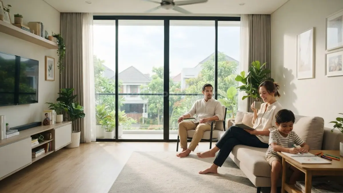  Jendela tinggi pada ruang keluarga modern dengan pencahayaan alami yang menyebar merata berkat penempatan yang tepat. (BTV/AI)