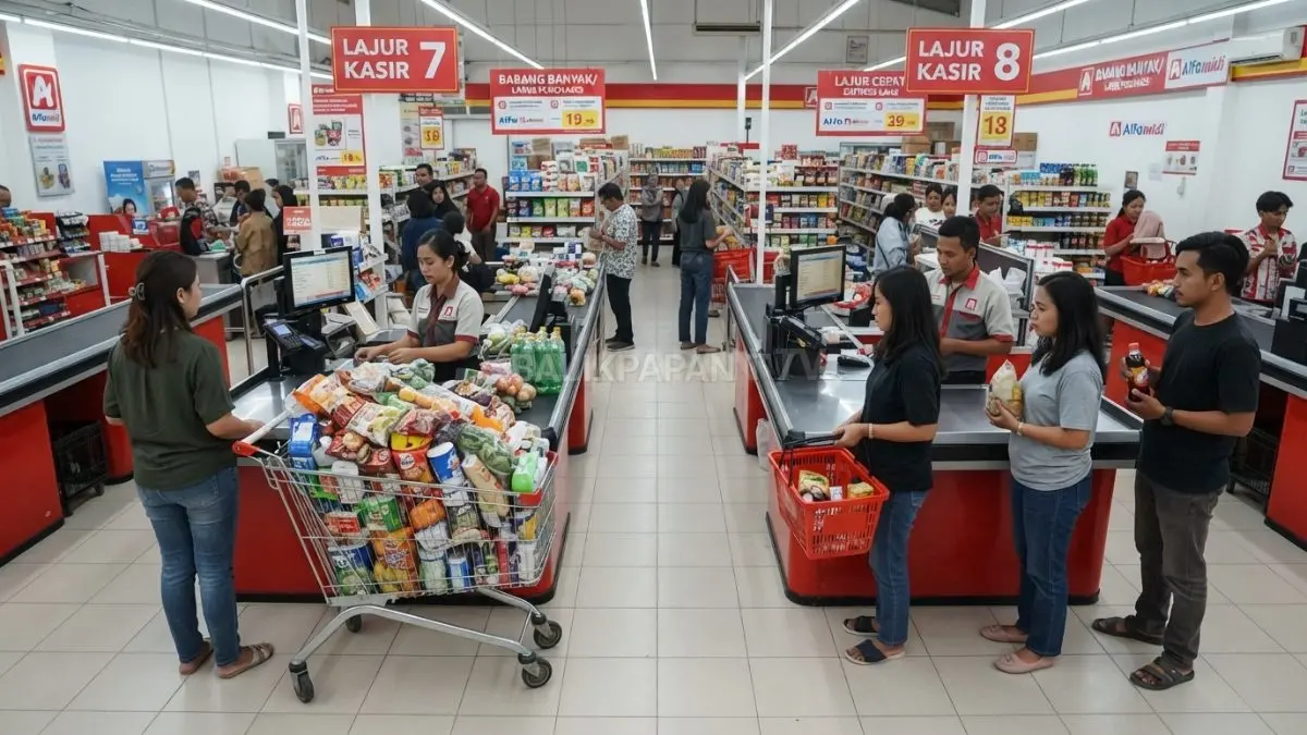 Jumlah barang yang dibawa pelanggan dapat menjadi petunjuk durasi transaksi sehingga membantu memilih antrean yang lebih efisien. (BTV/Ai)
