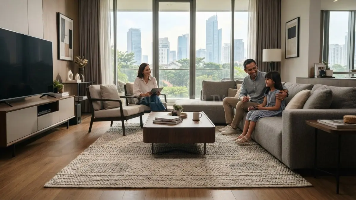 Karpet berukuran proporsional menyatukan sofa dan meja kopi pada ruang tamu bergaya modern. (BTV/AI)