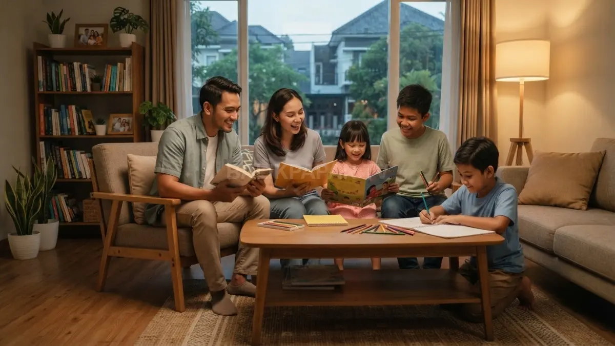 Keluarga menikmati waktu berkualitas di ruang bebas gawai dengan membaca dan bermain bersama penuh kehangatan setiap hari. (BTV/AI)