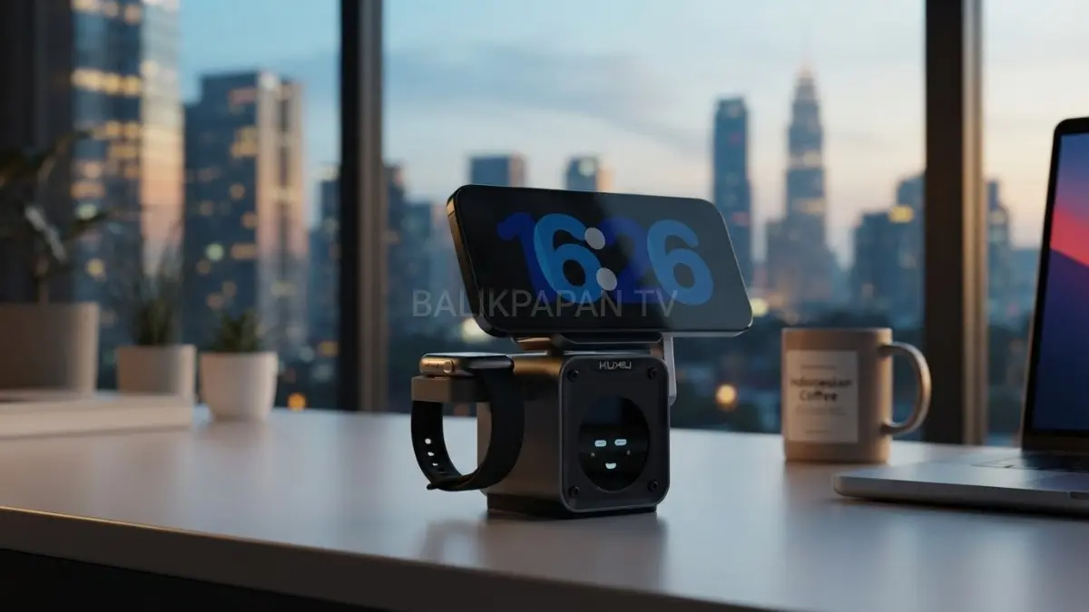 KUXIU D5 charging station 5-in-1 dengan pengisi daya Apple Watch otomatis dan layar TFT modern. (BTV/AI) 