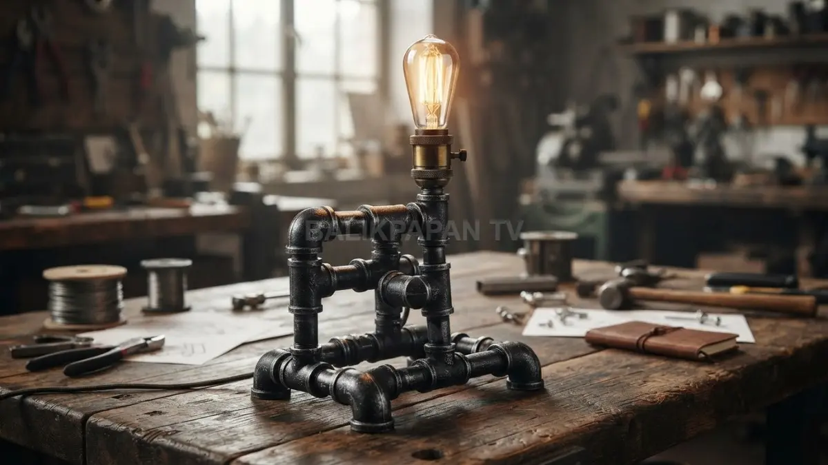 Lampu meja berbahan pipa unik ini tampil kokoh dengan sentuhan efek besi industri yang artistik. (BTV/Ai)