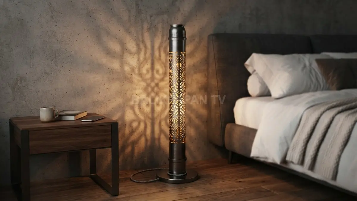 Lampu tidur berdiri dari pipa PVC berpola ukir metalik gaya industrial yang menyala indah di sudut kamar tidur.