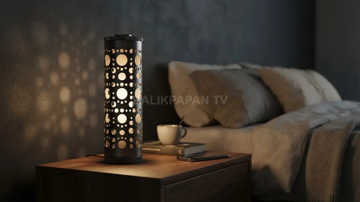Lampu tidur minimalis bermotif geometris hitam matte memberikan pancaran cahaya hangat yang berkesan mewah. (BTV/Ai)