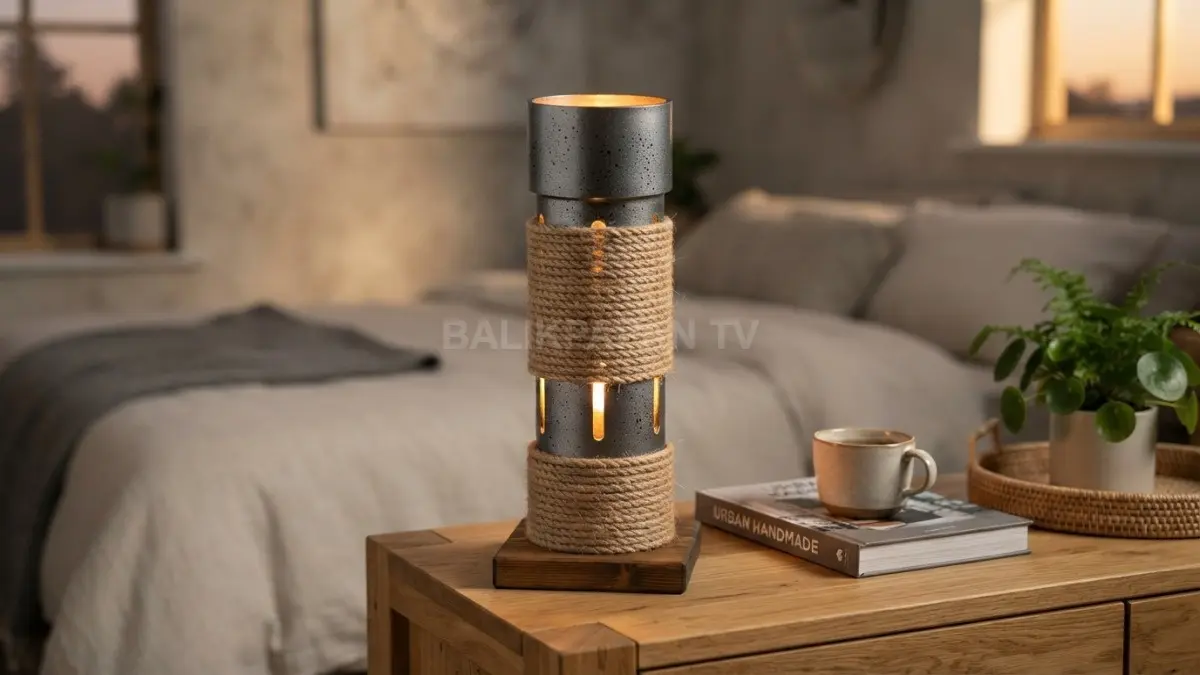 Lampu tidur pipa beraksen tali rami menciptakan nuansa industrial tropis dengan pencahayaan hangat menawan. (BTV/Ai)
