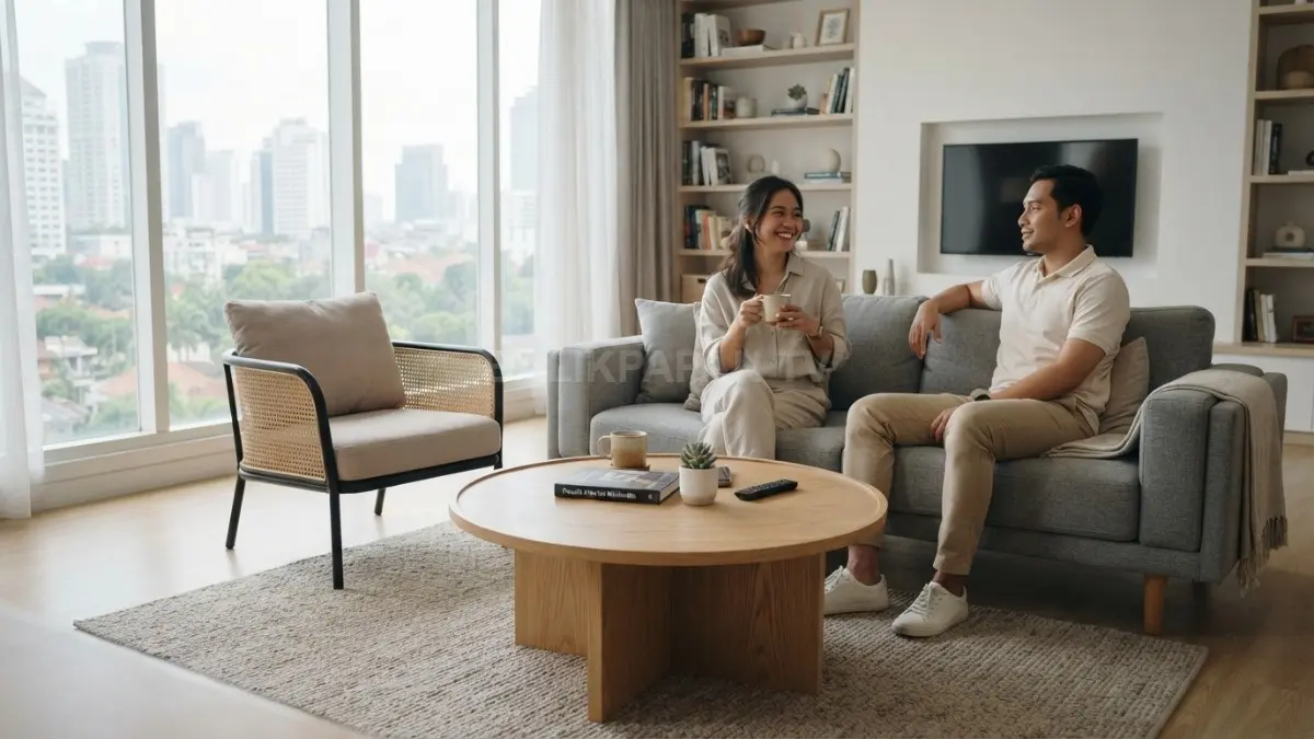 Meja kopi bundar di tengah ruang keluarga minimalis menciptakan sirkulasi yang nyaman dan kesan interior lebih luas. (BTV/AI)