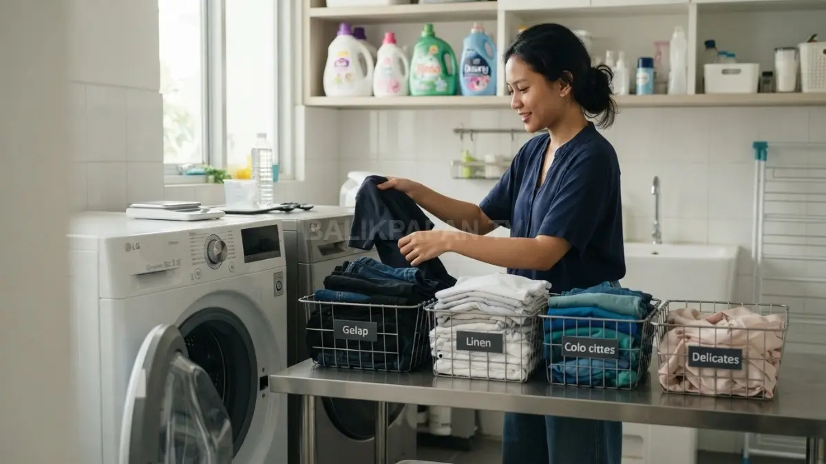 Mesin cuci dengan pakaian yang telah dipisahkan berdasarkan warna dan jenis kain untuk menjaga serat serta warna tetap tahan lama. (BTV/AI)