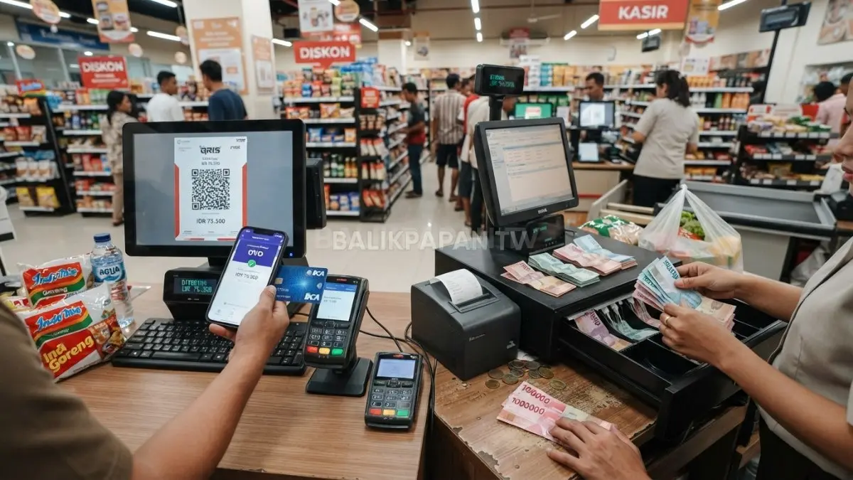 Metode pembayaran dapat menjadi pertimbangan memilih antrean karena proses transaksi memiliki durasi berbeda sesuai sistem yang digunakan. (BTV/Ai)
