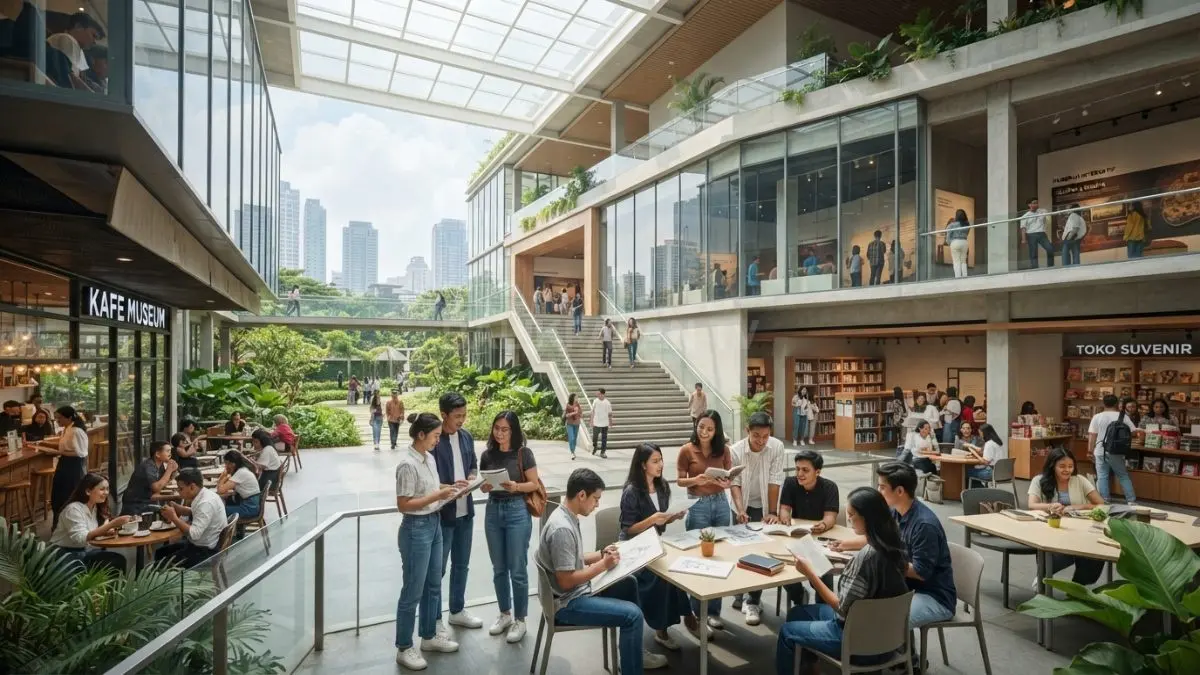 Museum modern menghadirkan ruang edukasi, budaya, rekreasi, dan interaksi publik melalui desain multifungsi berkelanjutan yang inspiratif. (BTV/AI)
