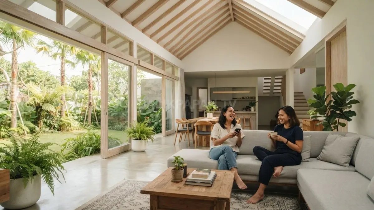 nterior rumah tropis dengan plafon terang dan jendela tinggi yang memaksimalkan pencahayaan alami. (BTV/AI)