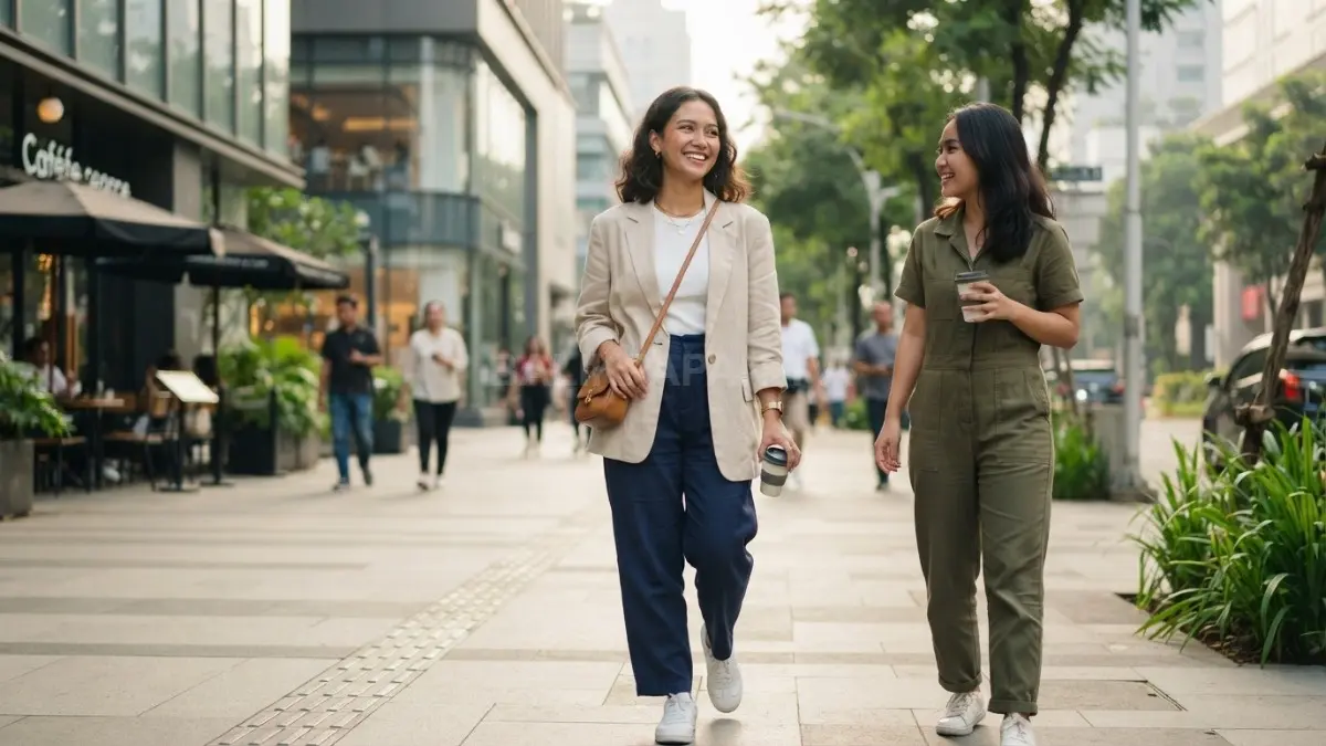 Padu padan busana modis mengutamakan kenyamanan, karakter pribadi, serta fleksibilitas untuk berbagai aktivitas sehari-hari modern. (BTV/AI)